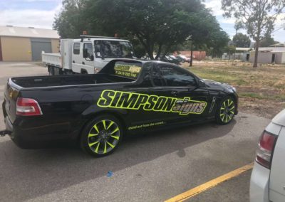 The Simpson Signs ute with a body wrap shows how effectively designed choice of colours can make your vehicle stand out in the crowd